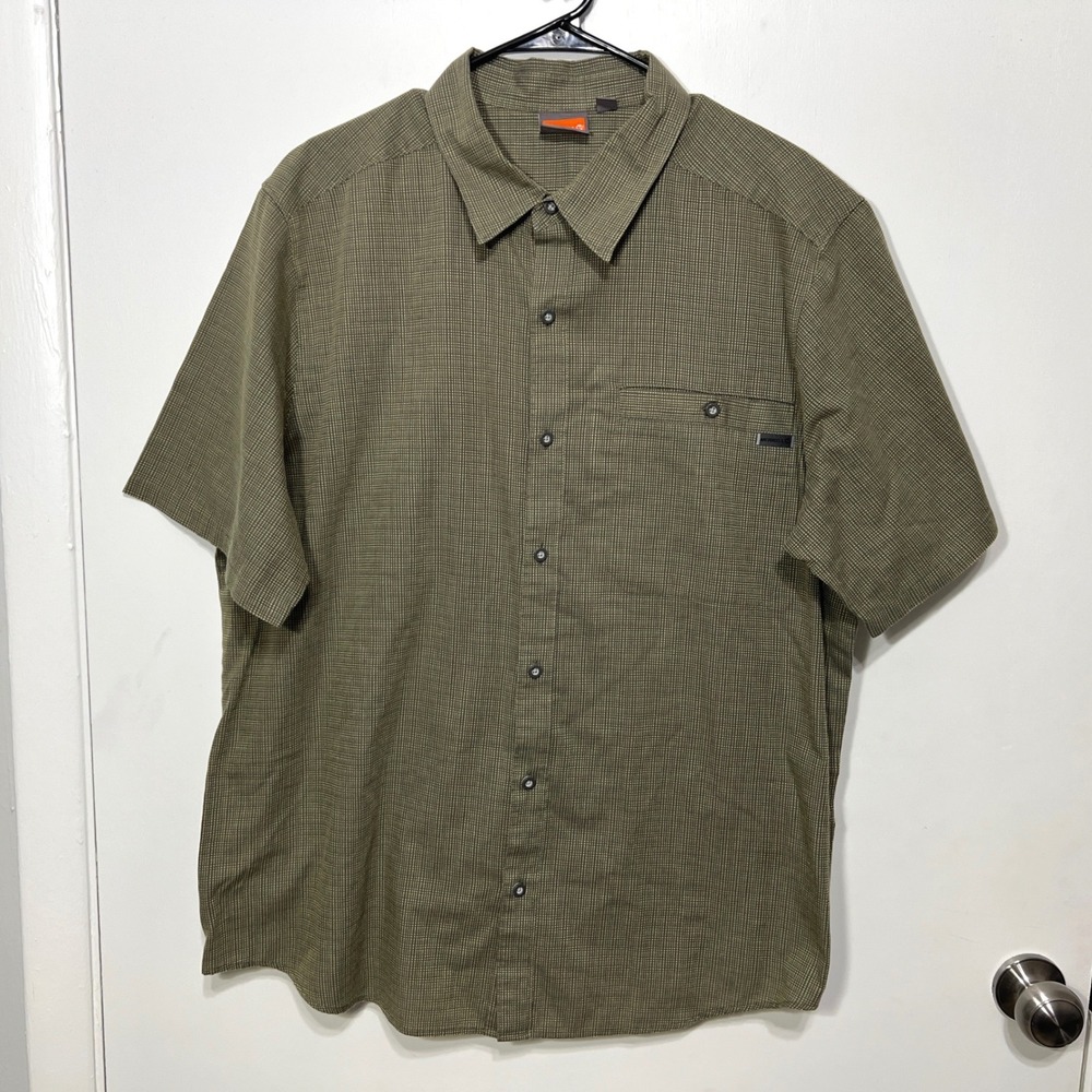 Merrell Mens Short Sleeve Button Down Shirt XXL‎ Green Grid Print Hiking Outdoor